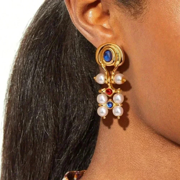 Jewelry - Blue Women's Imitation Stone Metallic Beaded Faux Pearl Gold Plated Earrings